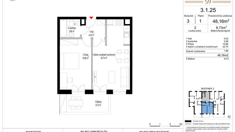 Rzut - Mieszkanie na sprzedaż 2 pokoje o powierzchni 48,16 m² - numer 3.1.25 w Włodarzewska 59