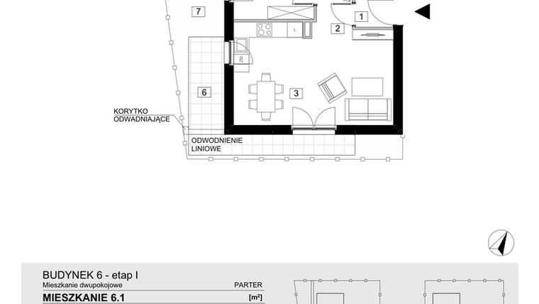 Rzut - Mieszkanie na sprzedaż 2 pokoje o powierzchni 43,35 m² - numer 6.1 w Jasieny