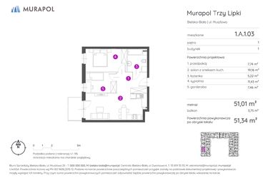 Rzut - Mieszkanie na sprzedaż 2 pokoje o powierzchni 51,34 m² - numer 1.A.1.03 w Murapol Trzy Lipki