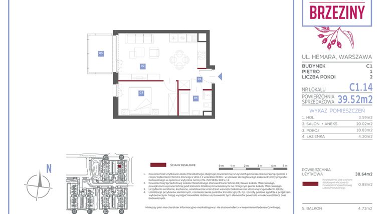 Rzut - Mieszkanie na sprzedaż 2 pokoje o powierzchni 39,52 m² - numer C1.14 w Miasteczko Brzeziny II