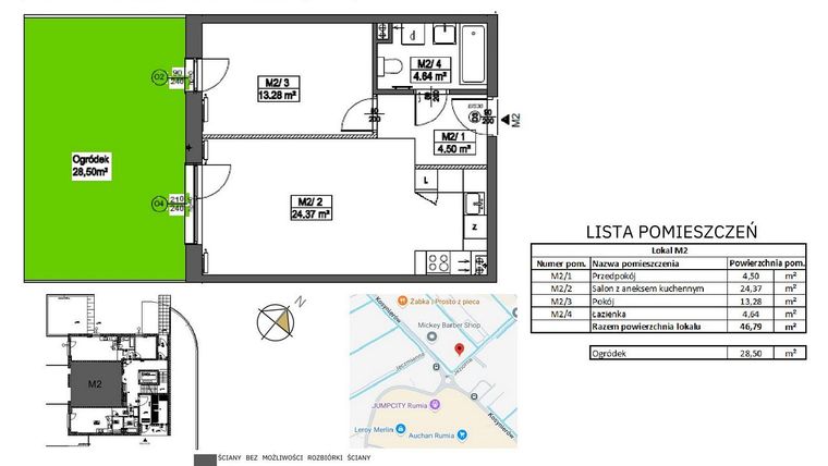 Rzut - Mieszkanie na sprzedaż 2 pokoje o powierzchni 46,79 m² - numer M2 w Jeziorna 1