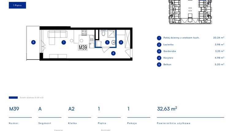 Rzut - Mieszkanie na sprzedaż 1 pokój o powierzchni 32,63 m² - numer 39A w Przy Bursztynowej