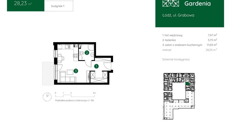 Rzut - Mieszkanie na sprzedaż 1 pokój o powierzchni 28,23 m² - numer 1.C.0.12 w Murapol Gardenia