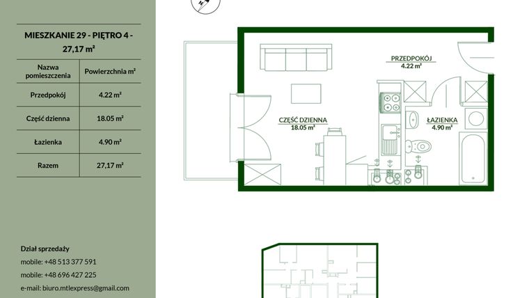 Rzut - Mieszkanie na sprzedaż 1 pokój o powierzchni 27,17 m² - numer 29 w Bukowa etap II