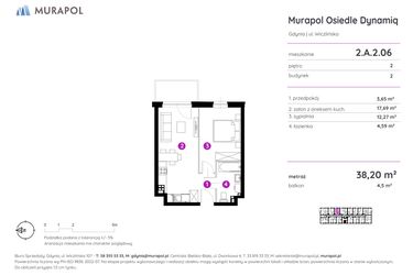 Rzut - Mieszkanie na sprzedaż 2 pokoje o powierzchni 38,2 m² - numer 2.A.2.06 w Murapol Osiedle Dynamiq