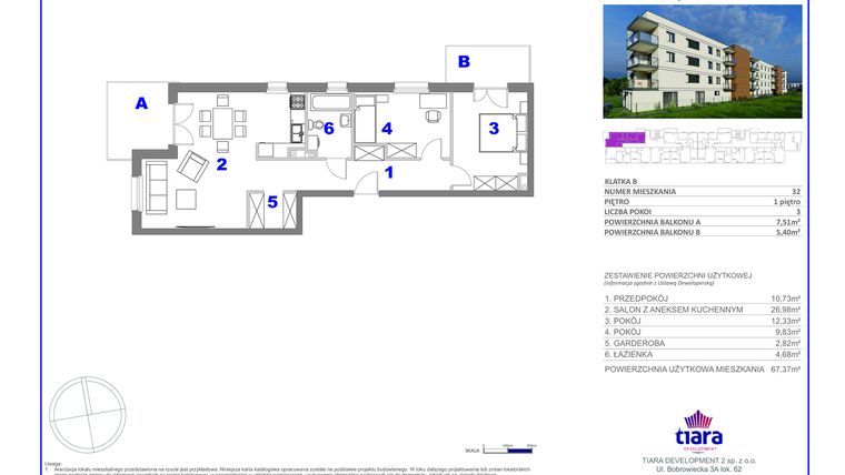 Rzut - Mieszkanie na sprzedaż 3 pokoje o powierzchni 67,37 m² - numer 32 w Osiedle Janowiecka