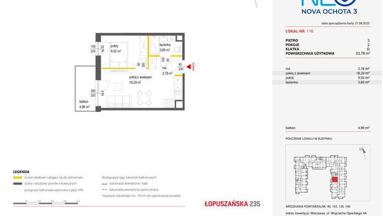 Rzut - Mieszkanie na sprzedaż 2 pokoje o powierzchni 33,78 m² - numer 116 w Neo Nova Ochota 3