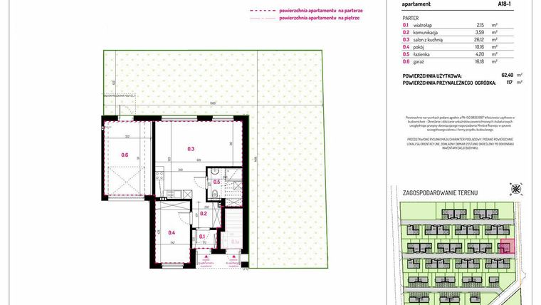 Rzut - Mieszkanie na sprzedaż 2 pokoje o powierzchni 62,4 m² - numer A18-1 w Aleja Kwitnącej Wiśni
