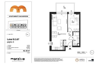 Rzut - Mieszkanie na sprzedaż 2 pokoje o powierzchni 42,03 m² - numer B.3.87 w Morzlive