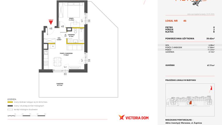 Rzut - Mieszkanie na sprzedaż 2 pokoje o powierzchni 39,47 m² - numer 46 w Metro Art 13