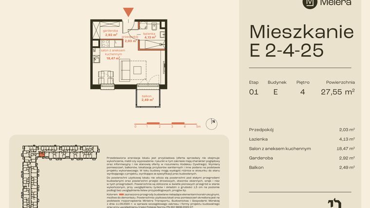Rzut - Mieszkanie na sprzedaż 1 pokój o powierzchni 27,55 m² - numer E2-4-25 w Osiedle Meiera