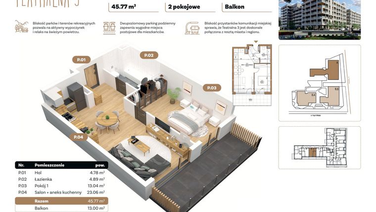Rzut - Mieszkanie na sprzedaż 2 pokoje o powierzchni 45,77 m² - numer A 2.02 w Teatralna 3 - etap II