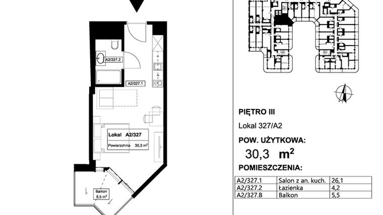 Rzut - Mieszkanie na sprzedaż 1 pokój o powierzchni 30,3 m² - numer 327 w Apollo Resort