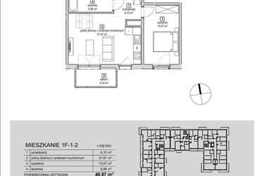 Rzut - Mieszkanie na sprzedaż 2 pokoje o powierzchni 46,97 m² - numer 1F-1-2 w Naramowice Odnova