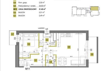 Rzut - Mieszkanie na sprzedaż 2 pokoje o powierzchni 51,4 m² - numer M11 w Mazowiecka 69