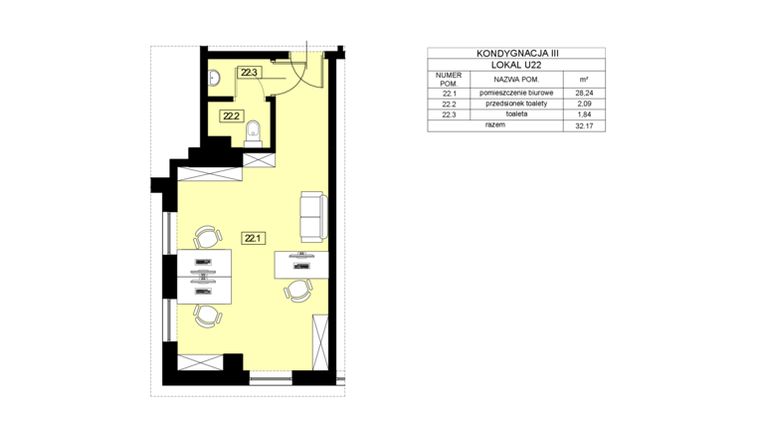 Rzut - Lokal użytkowy na sprzedaż 1 pokój o powierzchni 32,17 m² - numer U22 w Nowy Świat 22