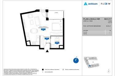 Rzut - Mieszkanie na sprzedaż 1 pokój o powierzchni 38,46 m² - numer B23 217 w Flow - bud. B2 A i bud. B2 B
