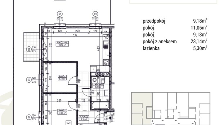 Rzut - Mieszkanie na sprzedaż 3 pokoje o powierzchni 57,81 m² - numer A1.00.02 w Zakątek Flora