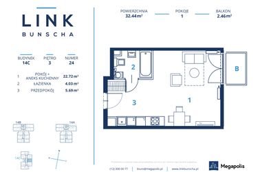 Rzut - Mieszkanie na sprzedaż 1 pokój o powierzchni 32,44 m² - numer 14C.24 w LINK BUNSCHA