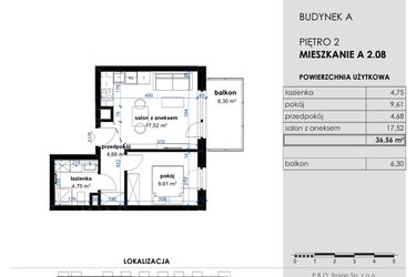 Rzut - Mieszkanie na sprzedaż 2 pokoje o powierzchni 36,56 m² - numer A 2.08 w Osiedle Kwiatowe