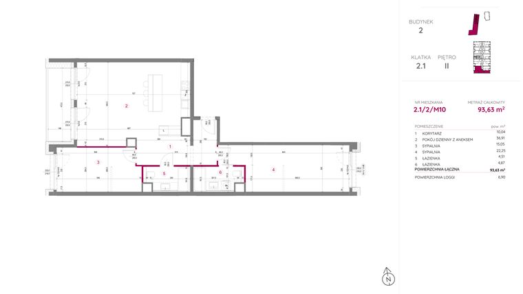Rzut - Mieszkanie na sprzedaż 3 pokoje o powierzchni 93,63 m² - numer 2.1/2/M10 w Lechicka 65