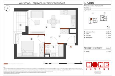 Rzut - Mieszkanie na sprzedaż 2 pokoje o powierzchni 36,86 m² - numer WS-L-A010 w Warszawski Świt etap XII