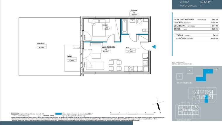 Rzut - Mieszkanie na sprzedaż 2 pokoje o powierzchni 42,6 m² - numer L2.1.09 w Nordic Bemowo - etap III