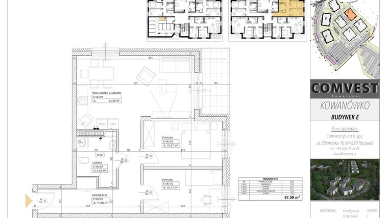 Rzut - Mieszkanie na sprzedaż 3 pokoje o powierzchni 61,59 m² - numer E6 w Kowanówko