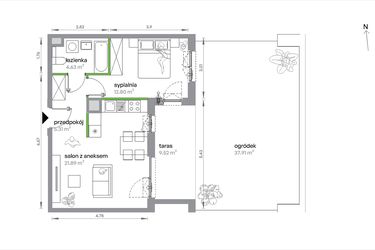 Rzut - Mieszkanie na sprzedaż 2 pokoje o powierzchni 44,63 m² - numer 1/A/1/3 w Sochaczewska Vita