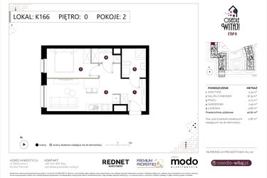Rzut - Mieszkanie na sprzedaż 2 pokoje o powierzchni 41,67 m² - numer K166 w Osiedle Witaj etap II