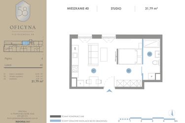 Rzut - Mieszkanie na sprzedaż 1 pokój o powierzchni 31,79 m² - numer 40 w Oficyna - mieszkania
