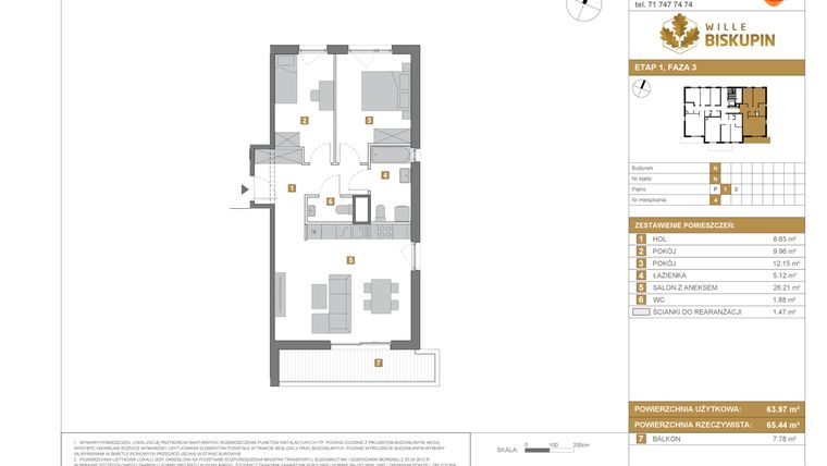 Rzut - Mieszkanie na sprzedaż 3 pokoje o powierzchni 63,97 m² - numer N4 w Wille Biskupin III