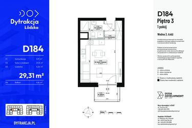 Rzut - Mieszkanie na sprzedaż 1 pokój o powierzchni 29,31 m² - numer D184 w Dyfrakcja Łódzka - bud. CD