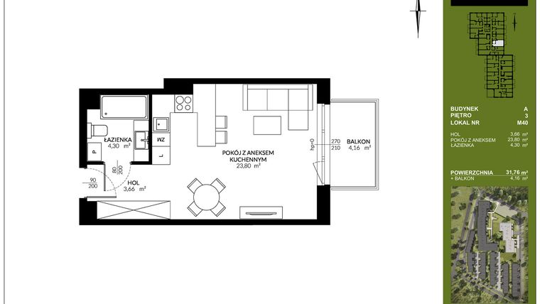 Rzut - Mieszkanie na sprzedaż 1 pokój o powierzchni 31,76 m² - numer A_M40 w Triton Kampinos III