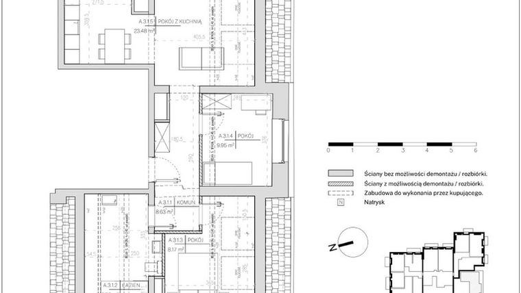 Rzut - Mieszkanie na sprzedaż 3 pokoje o powierzchni 56,79 m² - numer A.3.1 w Polanka 21