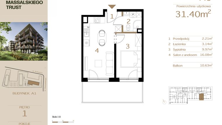 Rzut - Mieszkanie na sprzedaż 2 pokoje o powierzchni 31,4 m² - numer M8 w Massalskiego Trust