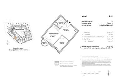 Rzut - Mieszkanie na sprzedaż 1 pokój o powierzchni 34,75 m² - numer 2.21 w OVAL SKY