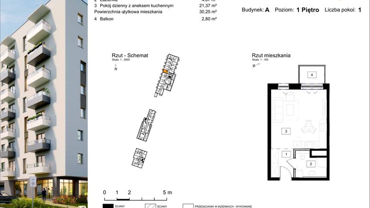 Rzut - Mieszkanie na sprzedaż 1 pokój o powierzchni 30,25 m² - numer A.9 w Osiedle Kochanowskiego - Gliwice