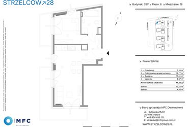 Rzut - Mieszkanie na sprzedaż 2 pokoje o powierzchni 41,28 m² - numer 18C w Strzelców 28