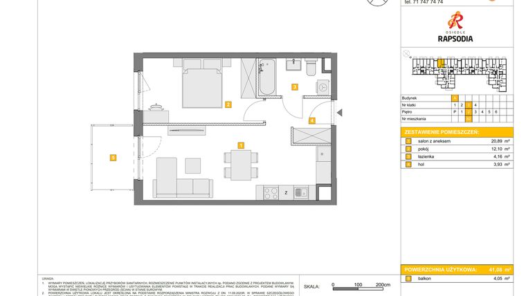 Rzut - Mieszkanie na sprzedaż 2 pokoje o powierzchni 41,08 m² - numer A.82 w Osiedle Rapsodia