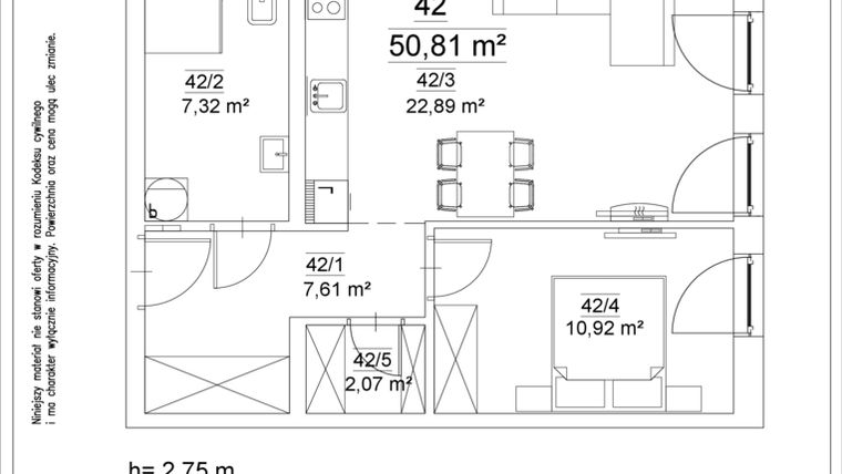 Rzut - Mieszkanie na sprzedaż 2 pokoje o powierzchni 50,81 m² - numer 42 w Osiedle Teatralne 19 - apartamenty inwestycyjne