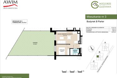 Rzut - Mieszkanie na sprzedaż 2 pokoje o powierzchni 34,79 m² - numer B3 w Wzgórze Gustawa