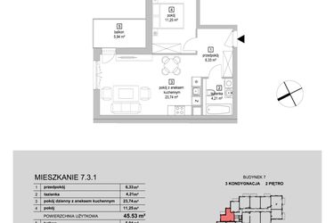 Rzut - Mieszkanie na sprzedaż 2 pokoje o powierzchni 45,53 m² - numer 7.3.1 w Osiedle Przyjemne IV