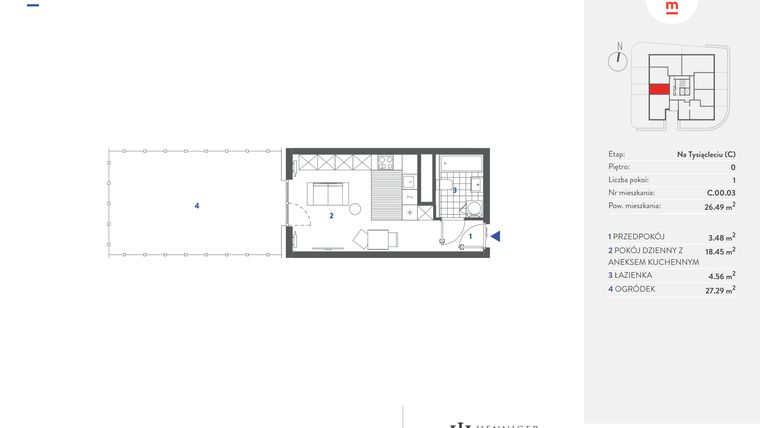 Rzut - Mieszkanie na sprzedaż 1 pokój o powierzchni 26,52 m² - numer C.00.03 w Mieszkaj w mieście - Na Tysiącleciu budynek C