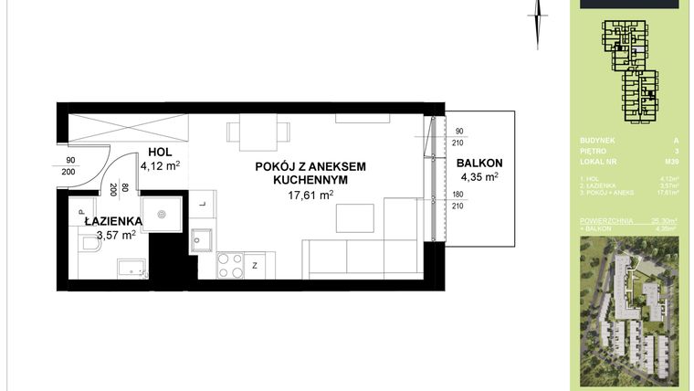 Rzut - Mieszkanie na sprzedaż 1 pokój o powierzchni 25,3 m² - numer A_M39 w Triton Kampinos III