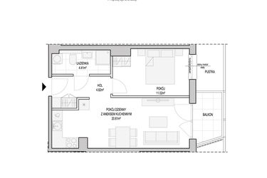 Rzut - Mieszkanie na sprzedaż 2 pokoje o powierzchni 42,39 m² - numer WO/T/13/19 w Wiszące Ogrody