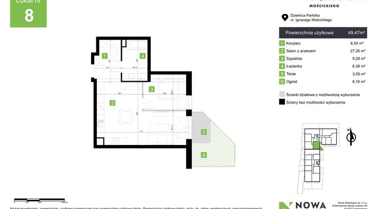 Rzut - Mieszkanie na sprzedaż 2 pokoje o powierzchni 49,47 m² - numer M8 w Nowa Częstochowa Mościckiego