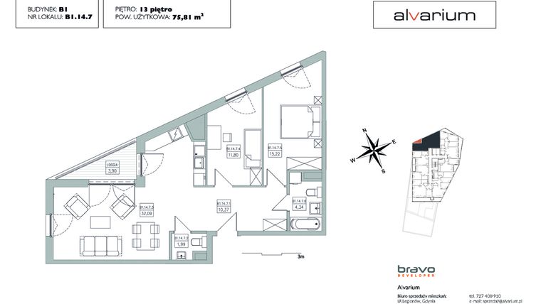 Rzut - Mieszkanie na sprzedaż 3 pokoje o powierzchni 75,43 m² - numer B1.14.7 w Alvarium 2.0