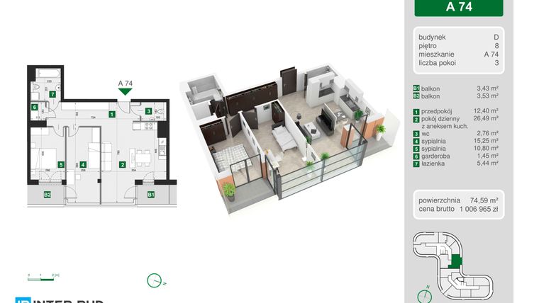 Rzut - Mieszkanie na sprzedaż 3 pokoje o powierzchni 74,59 m² - numer 74 w Wiślane Tarasy 2.0 budynek D
