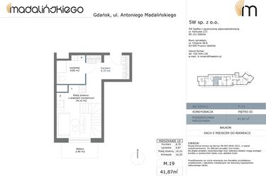 Rzut - Mieszkanie na sprzedaż 2 pokoje o powierzchni 41,87 m² - numer M19 w Madalińskiego